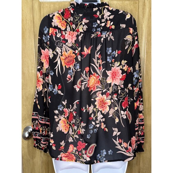 Ann Taylor LOFT Top Women's Size Med Black Floral Paisley Popover Sheer Blouse - Picture 2 of 7